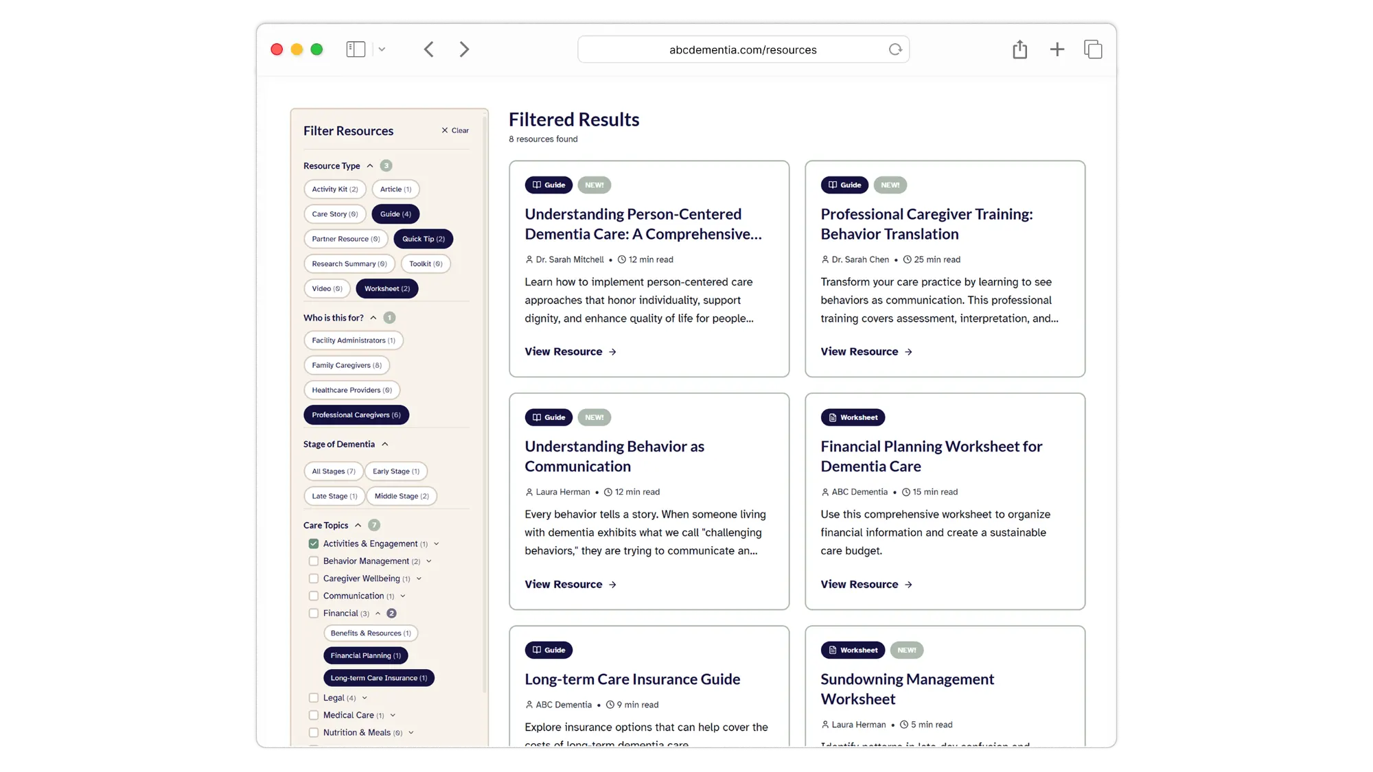 Full desktop interface of the ABC Dementia caregiver resource library showing sidebar filters for resource type, audience, and dementia stage alongside a grid of structured resource cards.