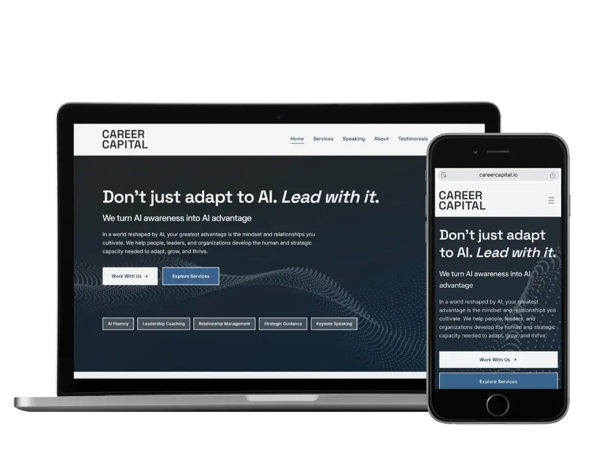 Laptop and smartphone displaying the Career Capital website homepage, showing responsive layouts with messaging about leading with AI.