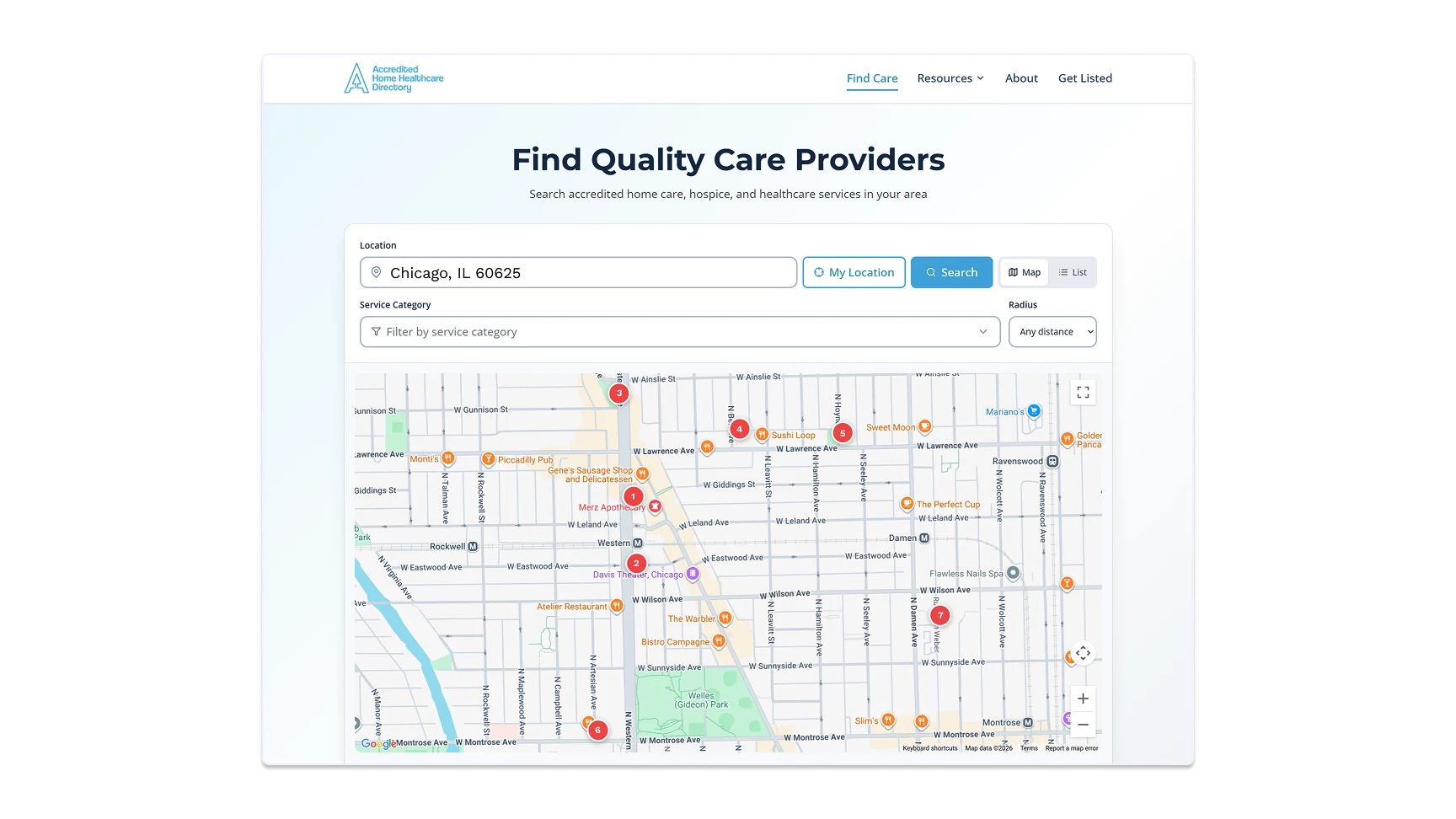A screenshot of the map-based search enabled for the Accredited Home Healthcare Directory.